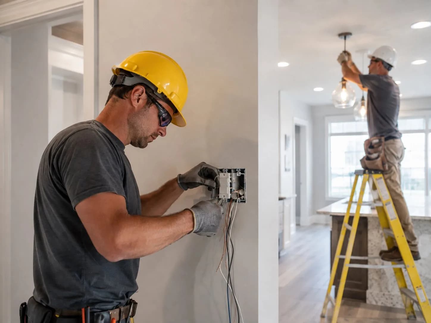 An electrician in a hard hat wiring a wall switch box, while a second fits pendant lights from a ladder behind him