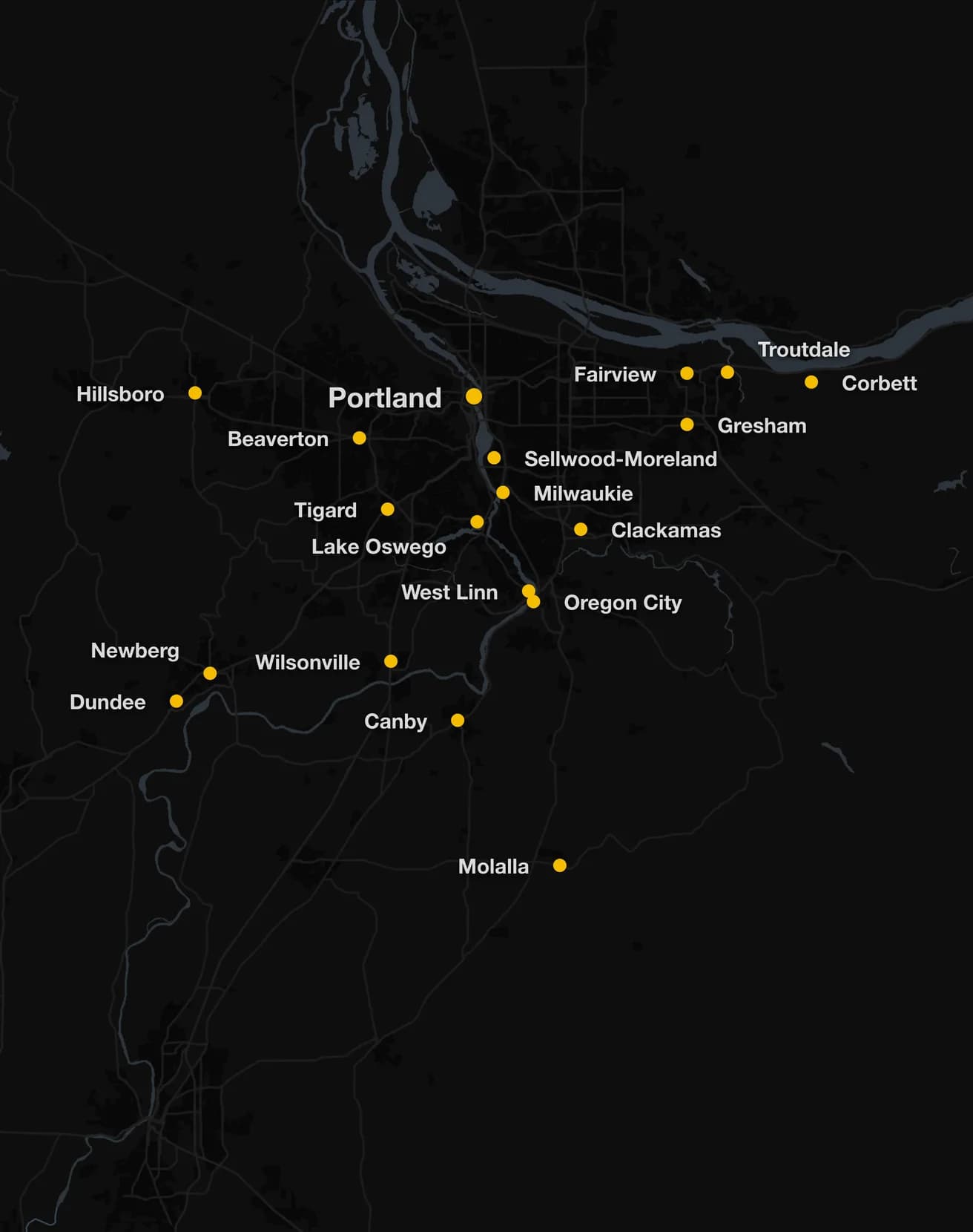 Map of the Portland metro with every town Multi Phase Electric covers marked, from Hillsboro and Dundee west to Corbett east, and south through Oregon City to Molalla.