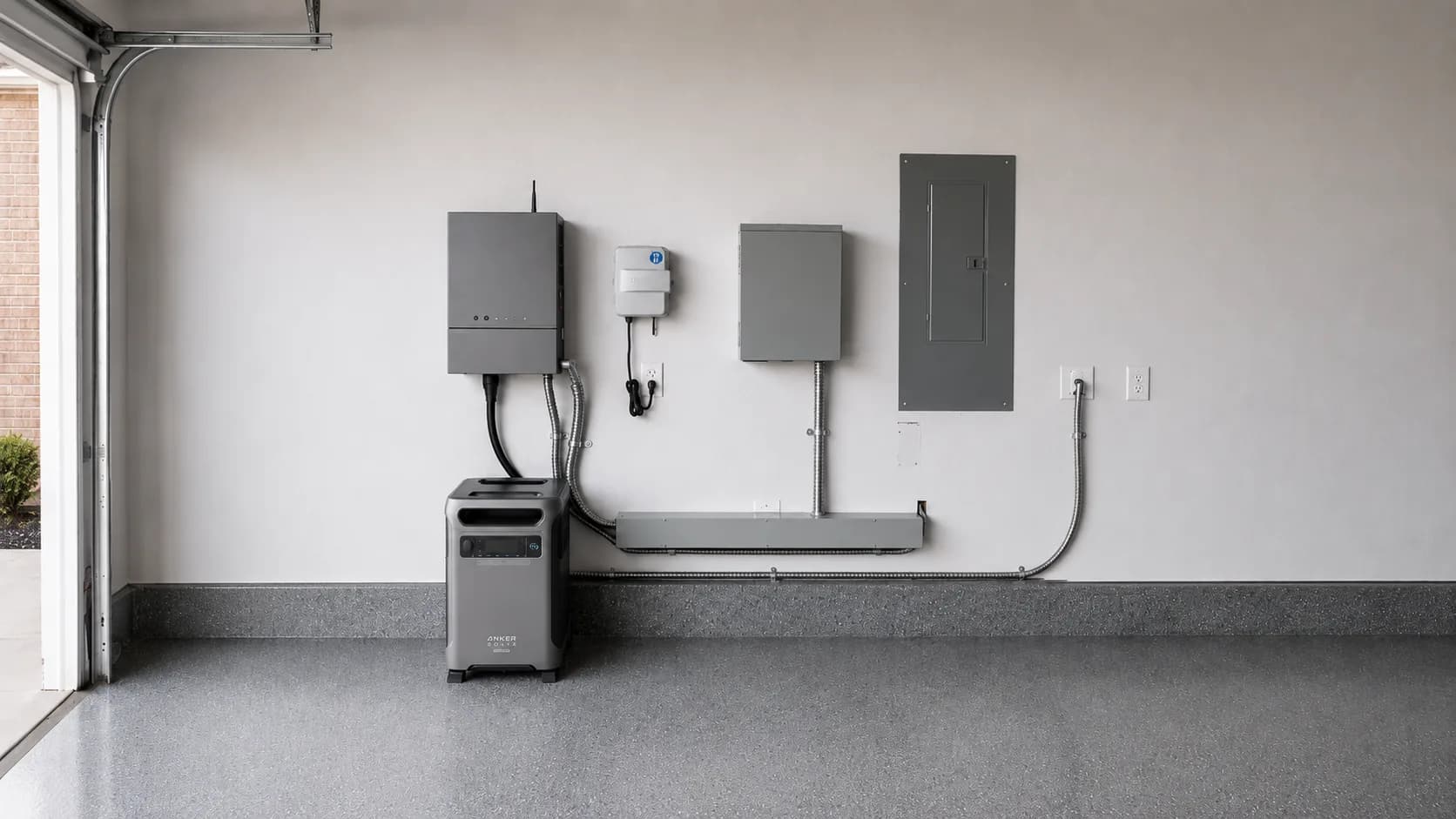 Finished garage wall with a main panel, subpanel, battery backup unit, and flexible conduit runs in wiremold — the capacity work behind an EV charger circuit