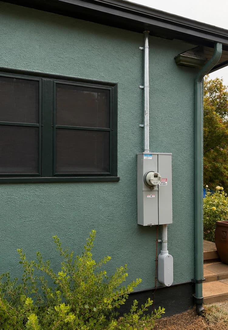 New meter base and service riser mounted on the stucco exterior of a green Portland house